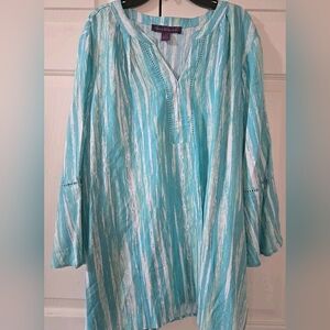 Gloria Vanderbilt Blue White 3/4 Sleeve V-Neck Tunic Top Size L